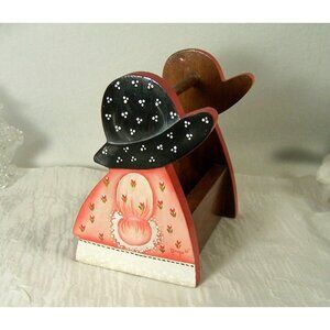 Country Calico Prairie Bonnet Girl Wood Box Hand Painted Dowel Handle Vintage